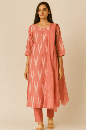 KPD-292-1 Pink Ikkat Khadi Handloom Cotton Kurta Pant Dupatta Set
