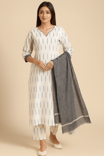 KPD-293-1 Elegant White & Black Ikkat Khadi Handloom Cotton Kurta Pant Dupatta Set