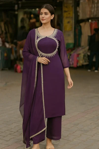 KPD-295-1 Royal Purple Georgette Kurta Pant Dupatta Set with Embroidered Neckline