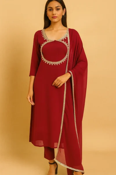 KPD-296-1 Crimson Red Georgette Kurta Pant Dupatta Set with Embroidered Neckline