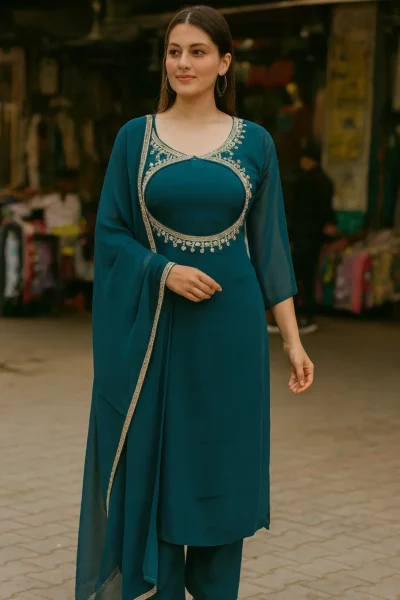 KPD-297-1 Teal Blue Georgette Kurta Pant Dupatta Set with Embroidered Neckline