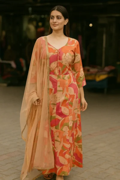 KPD-298-1 Floral Print Chinon Kurta Pant Dupatta Set with Beige Dupatta