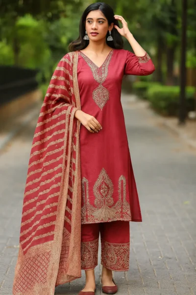 KPD-299-1 Maroon Roman Silk Kurta Pant Dupatta Set with Heavy Embroidery