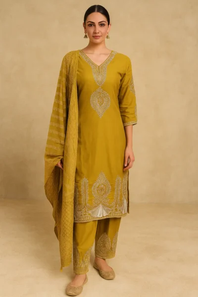 KPD-300-1 Mustard Yellow Roman Silk Kurta Pant Dupatta Set with Embroidered Detailing