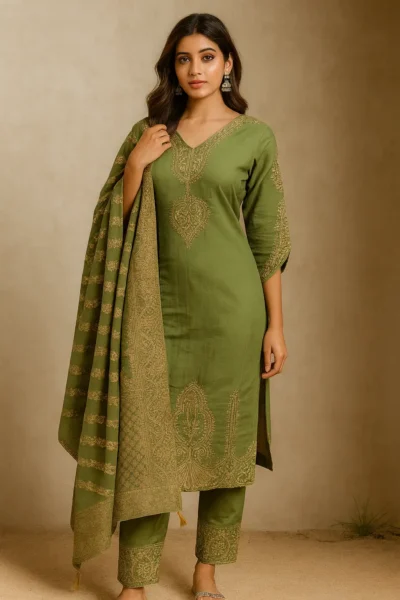 KPD-301-1 Olive Green Roman Silk Kurta Pant Dupatta Set with Heavy Embroidery
