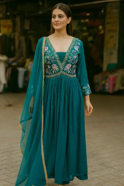KPD-302-1 Teal Blue Chinon Embroidered Anarkali Kurta Pant with Dupatta Set
