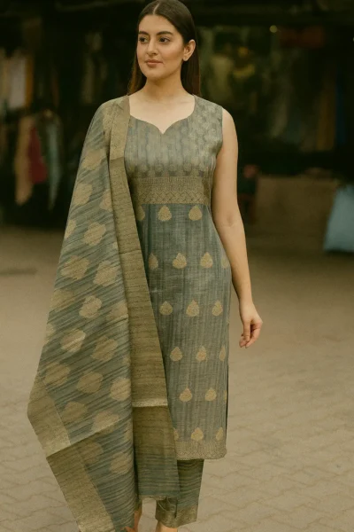 KPD-303-1 Green Shimmer Banarasi Embroidered Kurta Pant with Dupatta Set