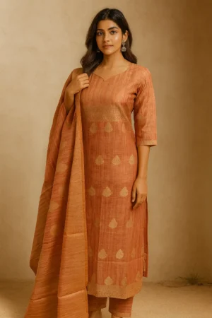 KPD-304-1 Rust Orange Shimmer Banarasi Embroidered Kurta Pant with Dupatta Set