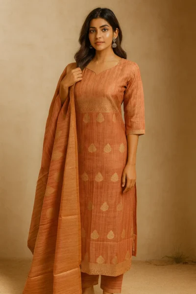 KPD-304-1 Rust Orange Shimmer Banarasi Embroidered Kurta Pant with Dupatta Set