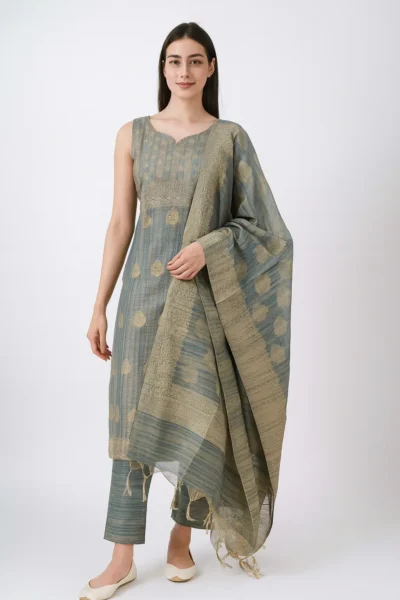 KPD-305-1 Grey Blue Shimmer Banarasi Embroidered Kurta Pant with Dupatta Set