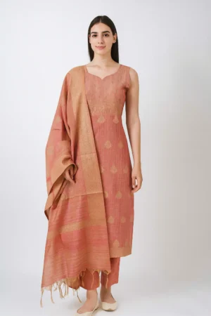 KPD-306-1 Peach Pink Shimmer Banarasi Embroidered Kurta Pant with Dupatta Set