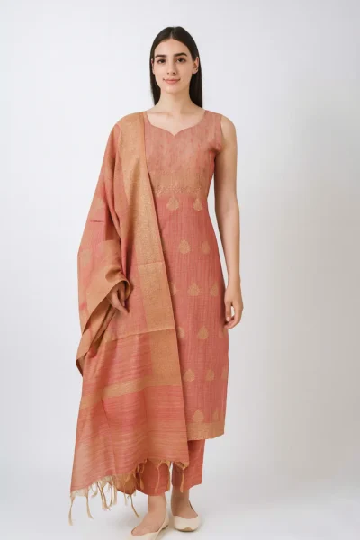 KPD-306-1 Peach Pink Shimmer Banarasi Embroidered Kurta Pant with Dupatta Set