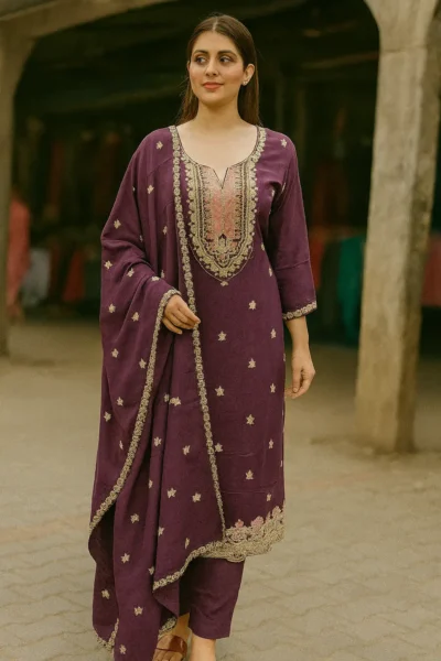KPD-307-1 Plum Purple Chinon Embroidered Kurta Pant with Dupatta Set