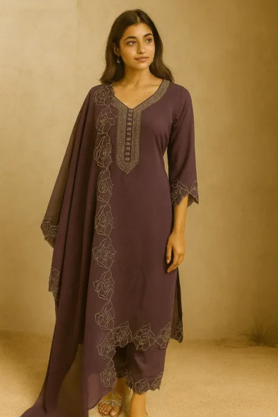 KPD-308-1 Purple Georgette Embroidered Kurta Pant with Dupatta Set