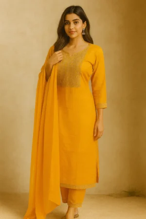 KPD-310-1 Mustard Yellow Rayon Embroidered Kurta Pant with Dupatta Set