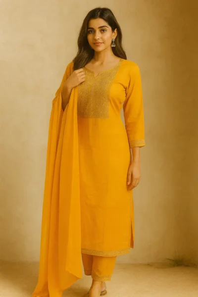 KPD-310-1 Mustard Yellow Rayon Embroidered Kurta Pant with Dupatta Set