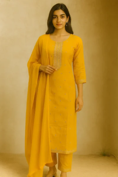 KPD-312-1 Yellow Rayon Embroidered Kurta Pant with Dupatta Set