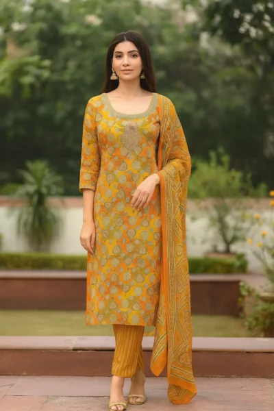 KPD-313-1 Orange-Yellow Printed Rayon Embroidered Kurta Pant with Dupatta Set