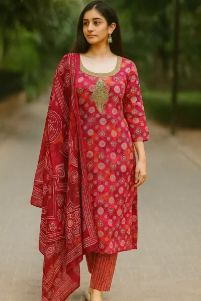 KPD-314-1 Red-Pink Printed Rayon Embroidered Kurta Pant with Dupatta Set