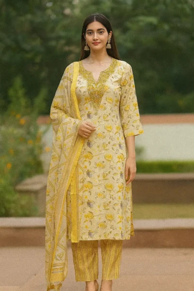 KPD-315-1 Cream-Yellow Floral Rayon Embroidered Kurta Pant with Dupatta Set
