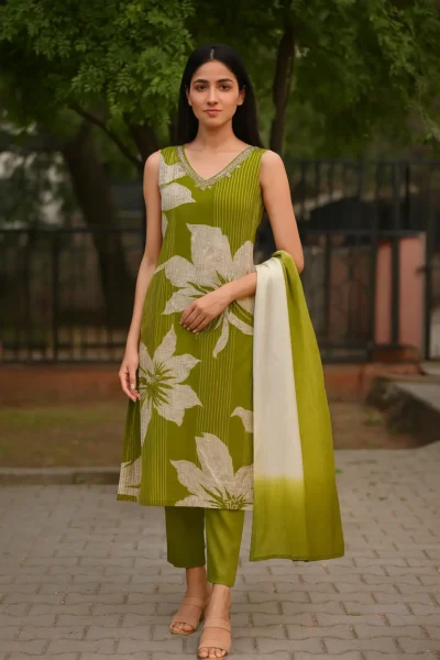 KPD-317-1 Olive Green Floral Print Rayon Kurta Pant Dupatta Set