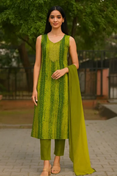 KPD-318-1 Green Tie-Dye Print Rayon Kurta Pant Dupatta Set