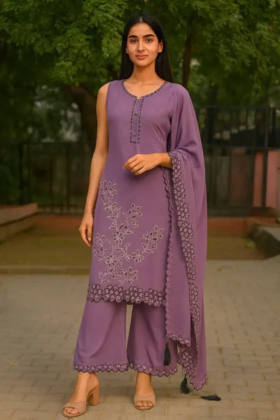 KPD-319-1 Lavender Georgette Embroidered Kurta Palazzo with Dupatta Set