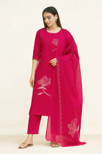 KPD-323-1 Deep Pink Roman Fabric Embroidered Kurta Pant with Dupatta Set