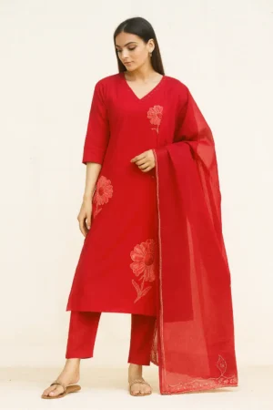 KPD-324-1 Bright Red Roman Fabric Embroidered Kurta Pant with Dupatta Set