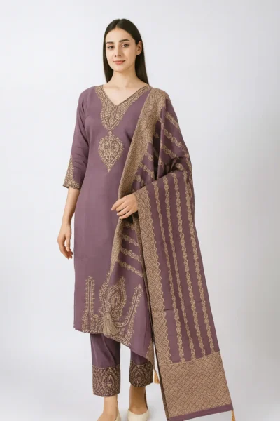 KPD-326-1 Purple Roman Silk Kurta Pant Dupatta Set with Golden Embroidery