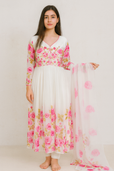 KPD-327-1 White & Pink Floral Chiffon Kurta Pant Dupatta Set