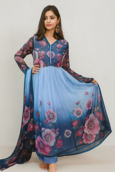 KPD-328-1 Navy Blue & Sky Blue Floral Chiffon Kurta Pant Dupatta Set