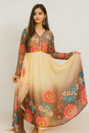 KPD-329-1 Beige & Brown Floral Chiffon Kurta Pant Dupatta Set