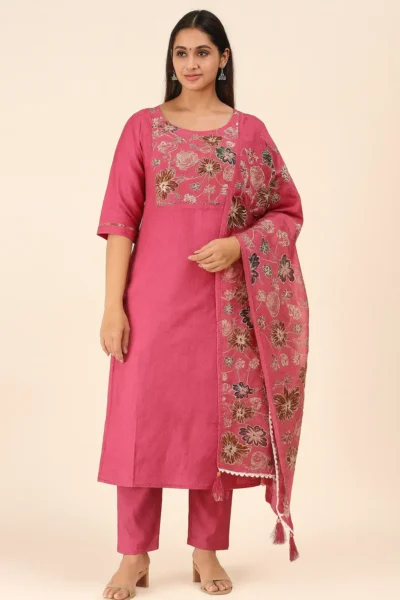 KPD-330-1 Rani Pink Vatican Fabric Embroidered Kurta Pant with Dupatta Set