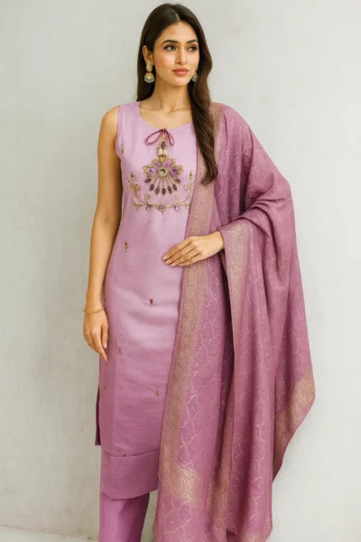 KPD-332-1 Lavender Cotton Muslin Embroidered Kurta Pant with Dupatta Set
