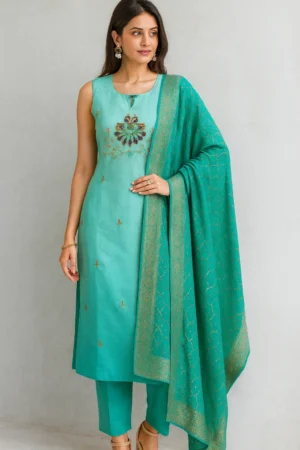 KPD-333-1 Sea Green Cotton Muslin Embroidered Kurta Pant with Dupatta Set