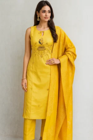KPD-334-1 Yellow Cotton Muslin Embroidered Kurta Pant with Dupatta Set