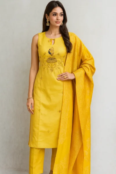 KPD-334-1 Yellow Cotton Muslin Embroidered Kurta Pant with Dupatta Set