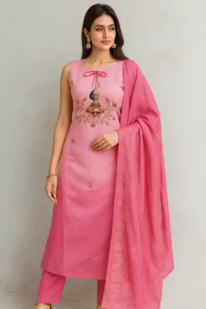 KPD-335-1 Pink Cotton Muslin Embroidered Kurta Pant with Dupatta Set