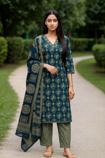 KPD-340-1 Navy Blue Printed Cotton Embroidered Kurta Pant with Dupatta Set