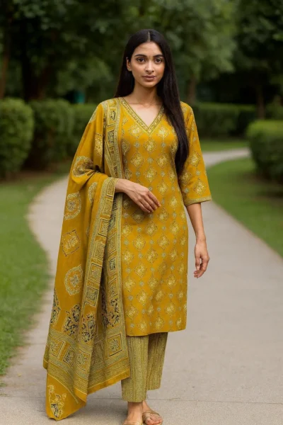 KPD-341-1 Mustard Yellow Printed Cotton Embroidered Kurta Pant with Dupatta Set