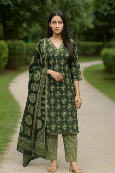 KPD-342-1 Dark Green Printed Cotton Embroidered Kurta Pant with Dupatta Set