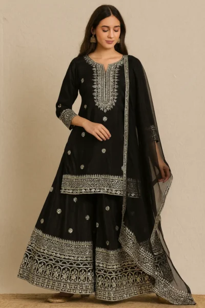KPD-343-1 Black Chinon Embroidered Kurta Sharara Dupatta Set