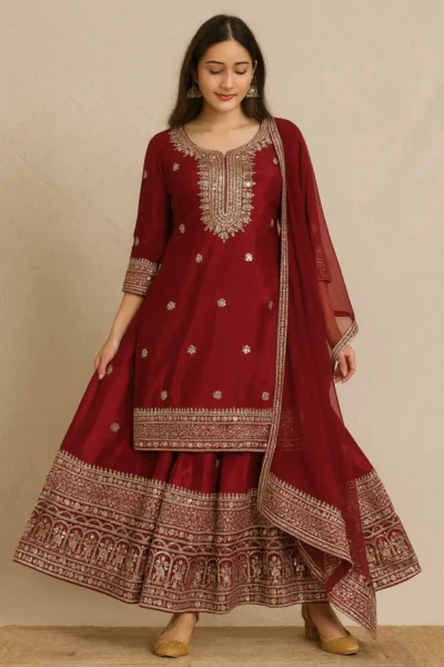 KPD-344-1 Maroon Chinon Embroidered Kurta Sharara Dupatta Set