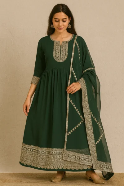 KPD-345-1 Emerald Green Georgette Embroidered Anarkali Kurta Pant Dupatta Set