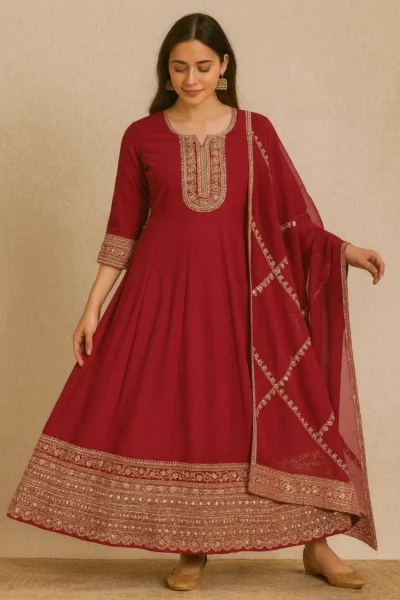 KPD-346-1 Ruby Red Georgette Embroidered Anarkali Kurta Pant Dupatta Set