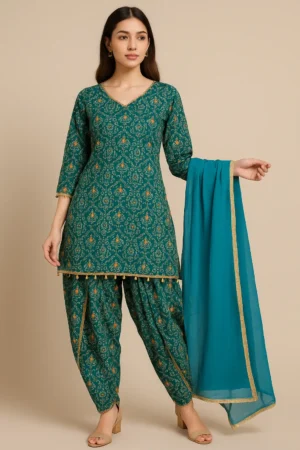 KPD-347-1 Teal Green Rayon Embroidered Kurta Dhoti Pant Dupatta Set