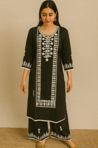 KPD-348-1 Black Rayon Embroidered Kurta with Plazo Set