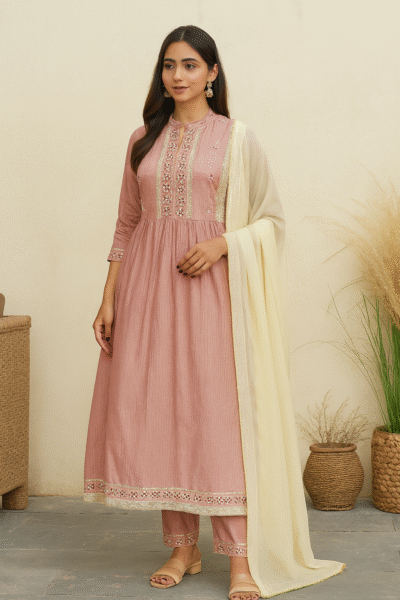KPD-350-1 Cotton Silk Aaliya Cut Kurta Pant Dupatta Set with Embroidery Work