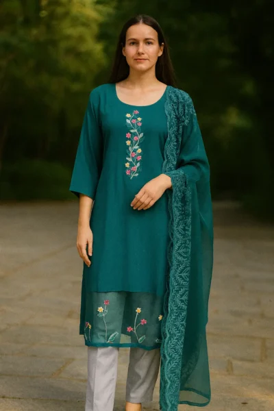 KPD-356-1 Teal Green Embroidered Rayon Kurta Set with Dupatta